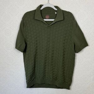 Common People Textured Knit Polo Shirt Olive Green Cotton Short Sleeve Large